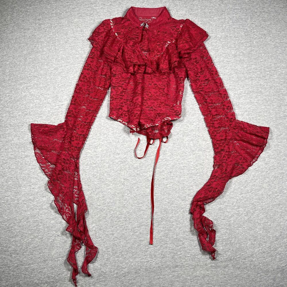 Red Womens XS Cropped Lace High Neck Witchy Flare Sleeve Lace-Up Corset Goth Top